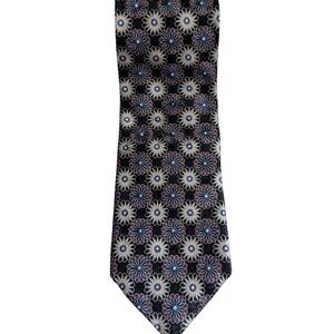 Ermengildo Zegna Mens Black Silver Metallic Floral 100% Silk Italy Made Tie